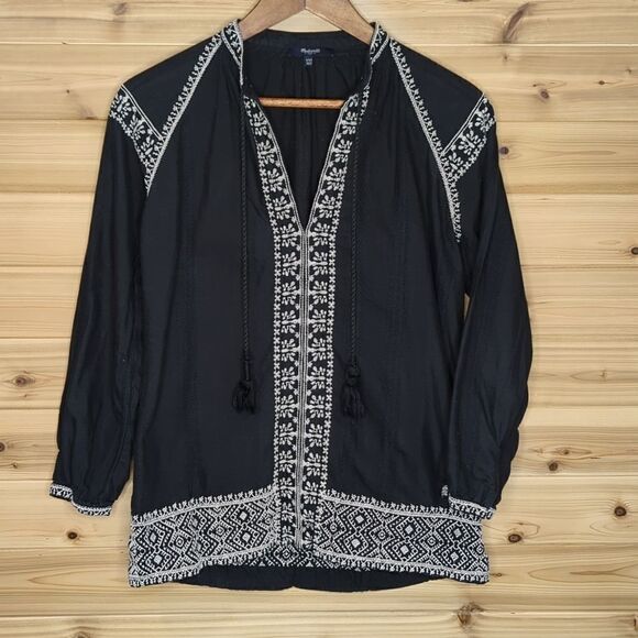 Madewell Camelia Tassel Top Black Cotton Embroidered Tassels Boho V-Neck XXS - Picture 2 of 11
